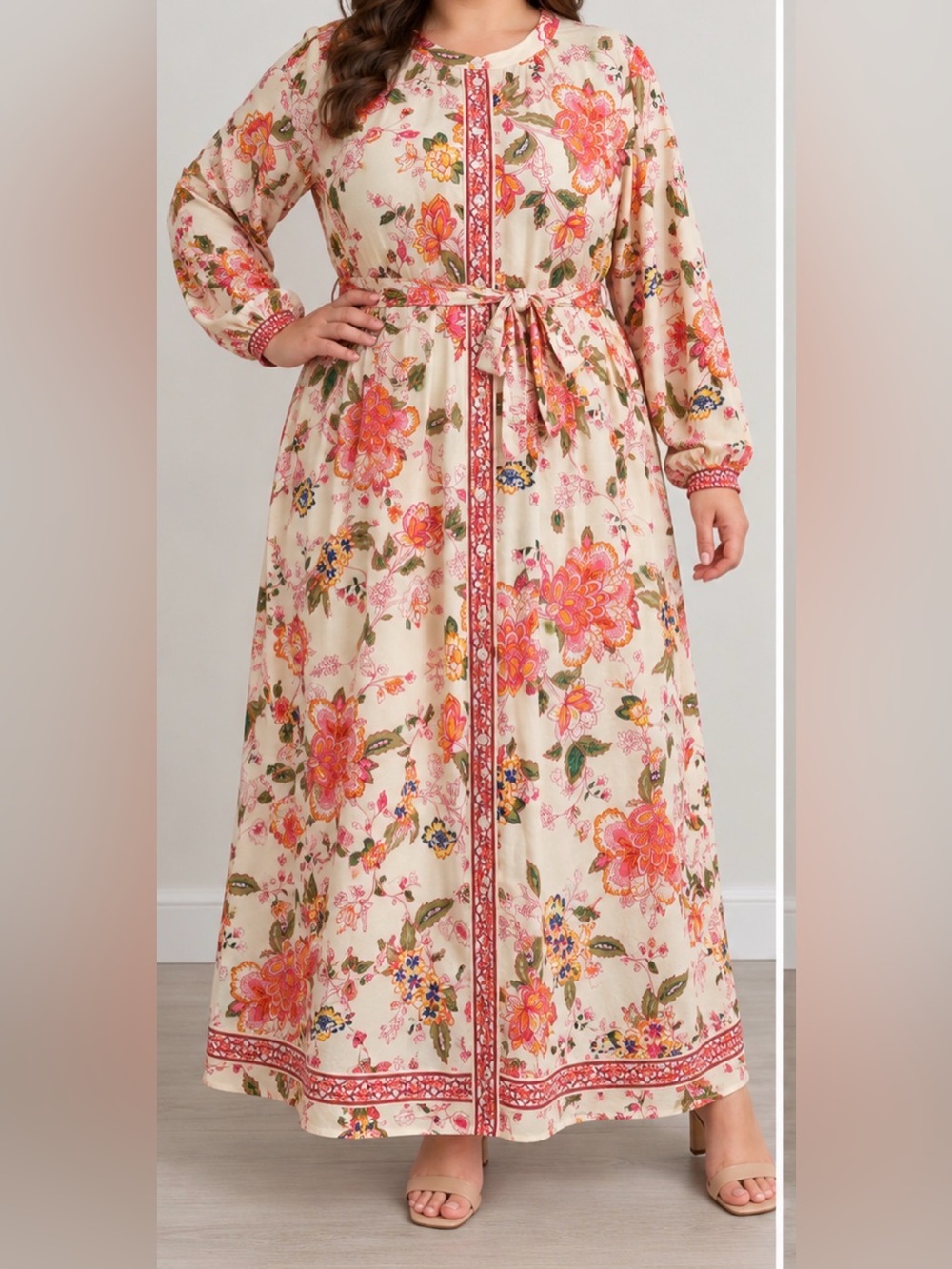 Lane Bryant Dress Womens 22 Floral Maxi Shirt Dress Long Sleeve Tie Waist Boho.